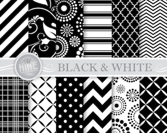 BLACK & WHITE Patterns 12" x 12" Digital Paper Pattern Prints SEAMLESS, Instant Download, Color Series Backgrounds Scrapbook Print