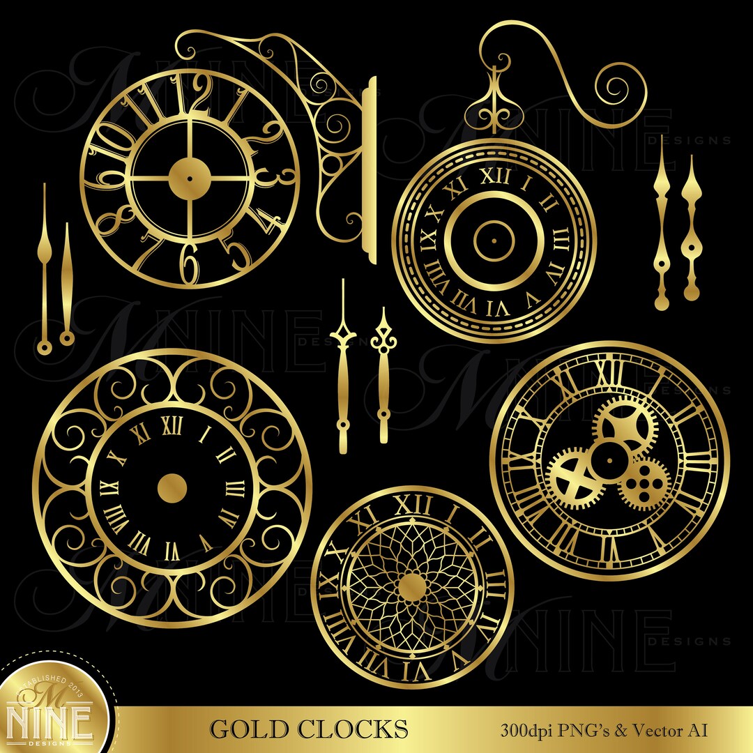 GOLD CLOCKS Clip Art Gold Clock Design Accents Gold Vector CLOCK Clip ...