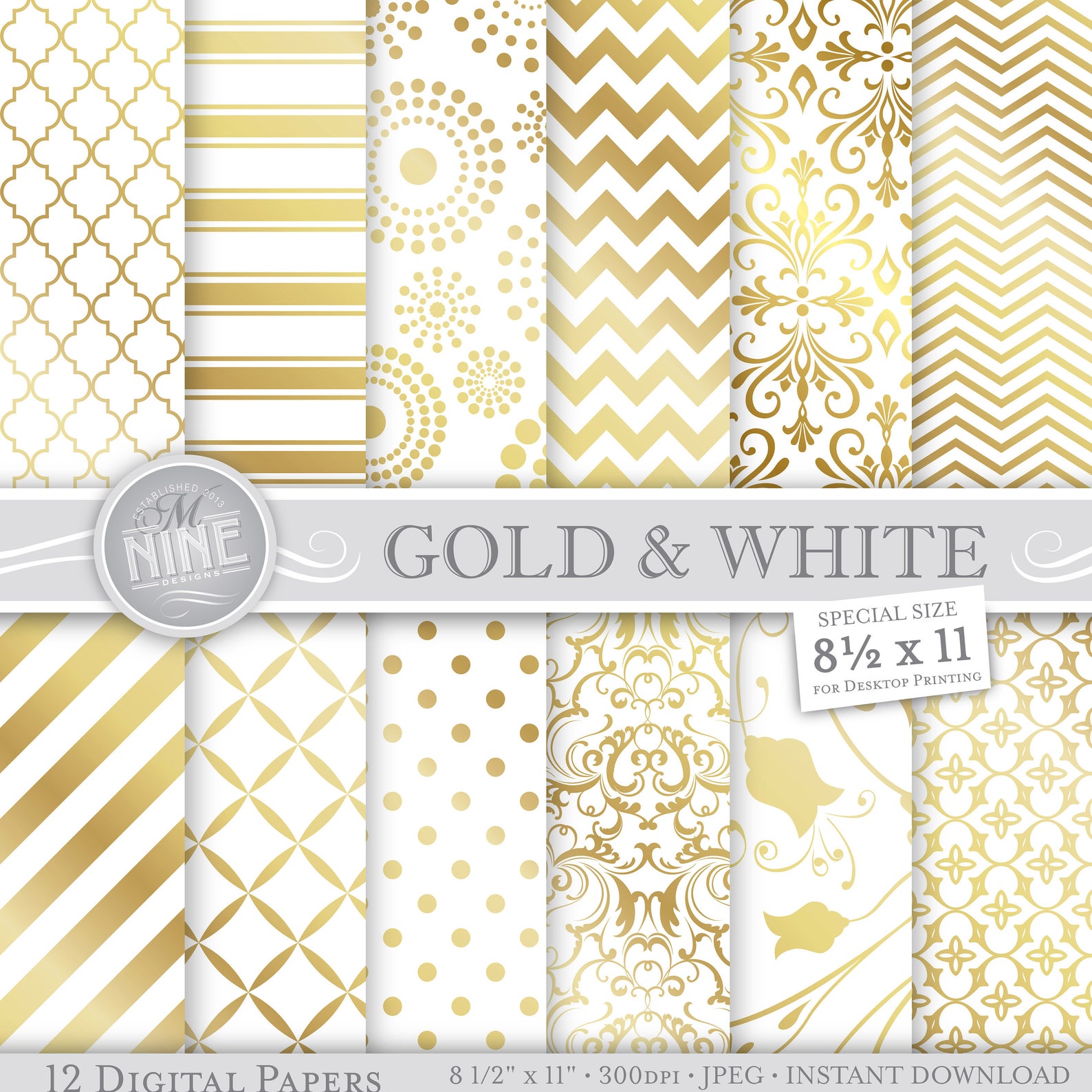 GOLD Digital Paper / Gold & White Patterns / 8 1/2 X 11 Gold | Etsy