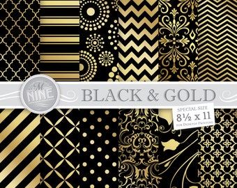 BLACK GOLD Digital Paper: Black Gold Printable Pattern Prints, Instant Download, 8 1/2 x 11 Black Gold Scrapbook Backgrounds Print