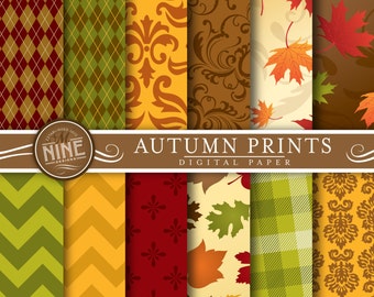 AUTUMN Digital Paper: "FALL LEAVES" Patterns Prints, Instant Download, Autumn Backgrounds Print