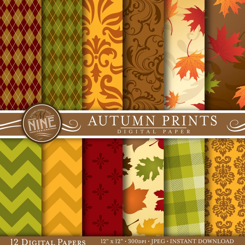 AUTUMN Digital Paper: FALL LEAVES Patterns Prints, Instant Download, Autumn Backgrounds Print image 1