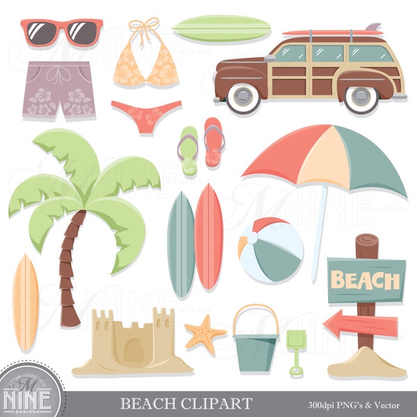 Vintage BEACH Clip Art / Beach Theme Clipart Download / Retro Summer Beach Party Clip Art. Vector Beach Clip Art Surfing Scrapbook Clipart