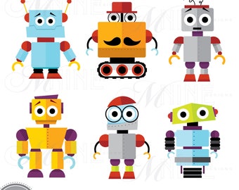 ROBOTS Clip Art / Robot Clipart Downloads / Robot Party, Cute Robots Theme, Robot Scrapbook Clipart, Vector Robots