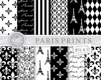 BLACK & WHITE PARIS Theme Digital Paper 8 1/2" x 11" Patterns Pack Pattern Prints, Instant Download, Pattern Backgrounds Scrapbook Print