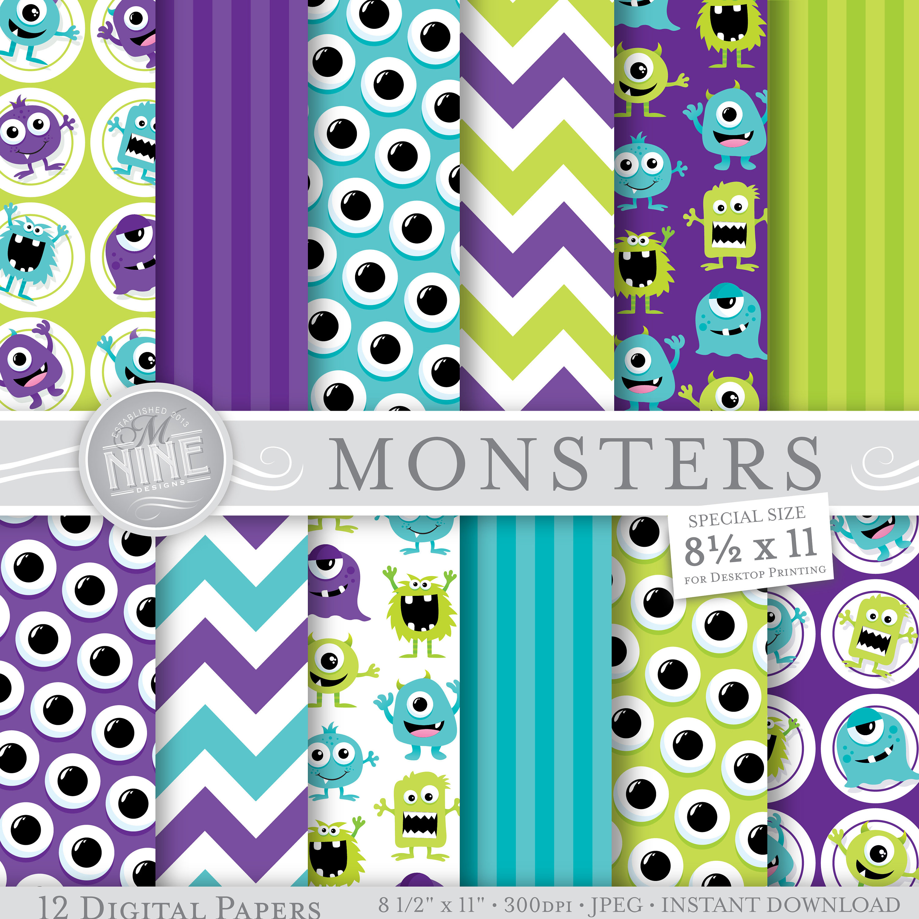 MONSTERS Digital Paper / Monster Party Paper Printables / 8 | Etsy