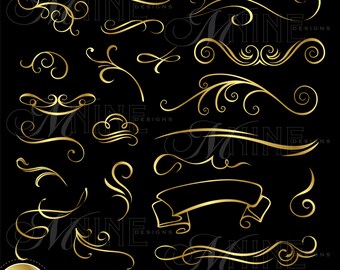 GOLD FLOURISHES Design Elements Digital Clipart, Instant Download, Vintage Accents Frame Borders Clip Art Illustrations