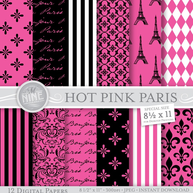 Paris Digital Paper: HOT PINK PARIS Theme Printable Pattern Prints, Paris Download, 8 1/2 x 11 Paris Patterns Backgrounds Scrapbook Print image 1