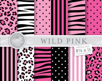 WILD PINK Digital Paper 8 1/2" x 11" Pattern Prints, Instant Download, Patterns Backgrounds Zebra Leopard Print