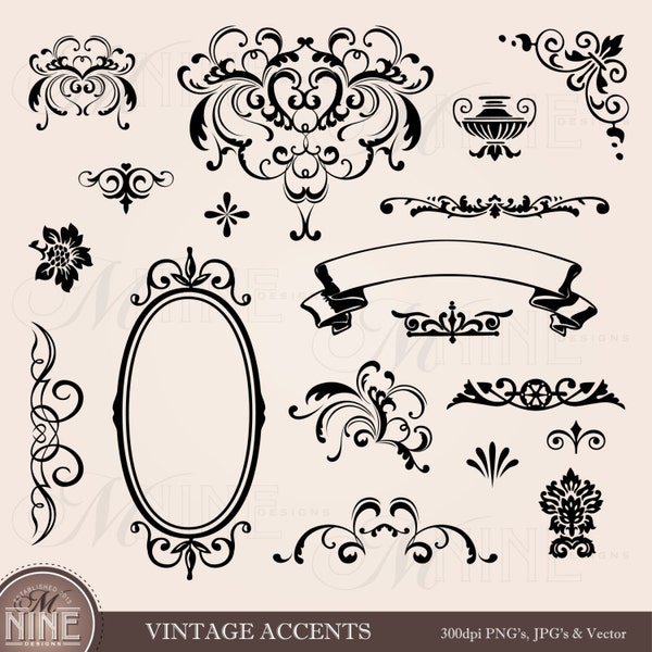 VINTAGE ACCENTS Clip Art: Accent Clipart Design Elements, Instant Download, Antique Classic Frames Flourishes Png Svg Silhouette Clipart