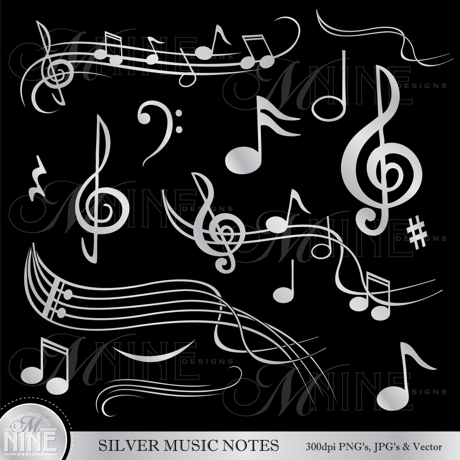 Silver MUSIC NOTES Clip Art Silver Music Theme Clipart Etsy