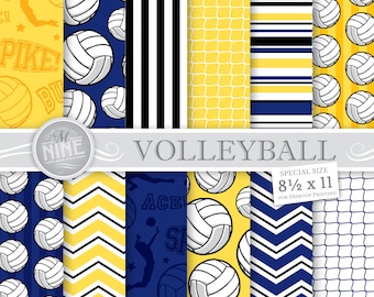 VOLLEYBALL Digital Paper / Volleyball Party Printables / 8 1/2 x 11 Navy Yellow Volleyball Patterns, Sports Party, Volleyball Downloads
