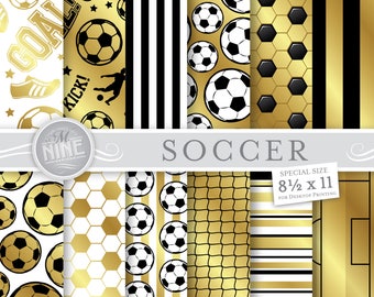SOCCER Digital Paper / Gold Soccer Printables / Black and Gold 8 1/2 x 11 Soccer Patterns, Soccer Downloads, DIY Soccer Party Paper