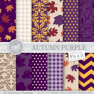 AUTUMN PURPLE Digital Paper 8 1/2 x 11 Fall Pattern Prints, Instant Download, Fall Leaves Backgrounds Print Chevron Damask Pattern image 1