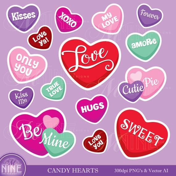 Candy Hearts Clip Art Valentines Hearts Clipart Downloads Etsy