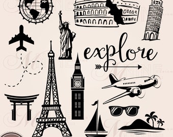 World Traveler Clip Art - France | Travel Vacation Clipart Téléchargements | Airplane Big Ben Eiffel Tower Statue of Liberty Png Svg Clipart Téléchargements