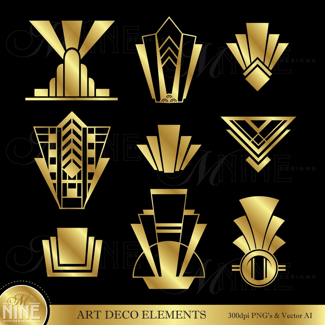 Great Gatsby Art Deco Clip Art, Gold Art Deco Elements Clipart