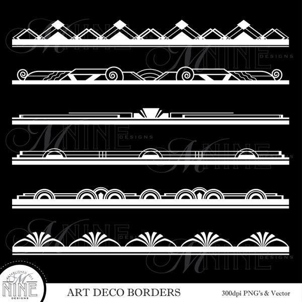 Border Clip Art: White ART DECO BORDERS Clipart, Digital Borders Download, Vintage Art Deco Border Clipart