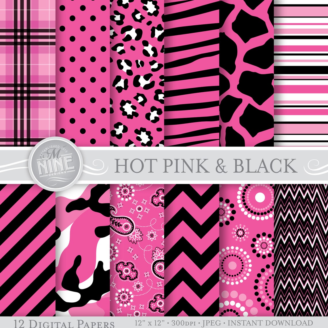 HOT PINK and BLACK Digital Paper / Party Printables / Patterns | Etsy