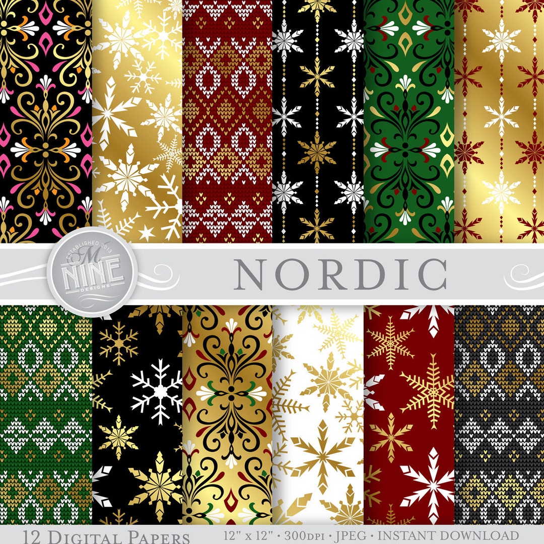 NORDIC GOLD Digital Paper Pattern Prints, Instant Download, 12 X 12 ...
