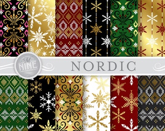NORDIC GOLD Digital Paper Pattern Prints, Instant Download, 12" x 12" Winter Christmas Paper Pack Patterns Scrapbook Print Snowflakes
