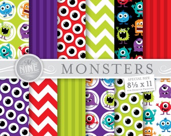 MONSTERS Digital Paper / Monsters Party Printables / 8 1/2 x 11 Monster Patterns, Monsters Downloads, Monsters Scrapbook Paper