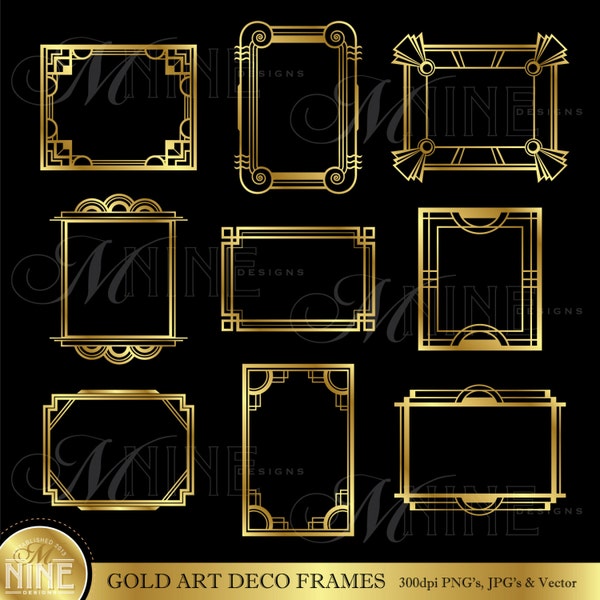 Gold ART DECO Frame Clip Art: Art Deco Frames Design Elements Deco Borders Clipart, Instant Download Vector AI Png Svg Clipart