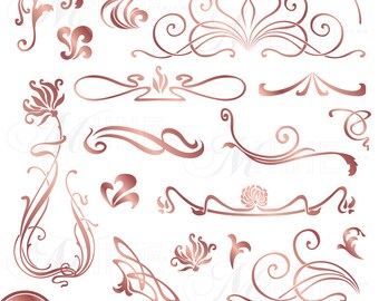 Rose Gold NOUVEAU ACCENTS Clipart Digital Clip Art | Instant Download | Rose Gold Art Nouveau Vintage Design Elements Borders Clip Art