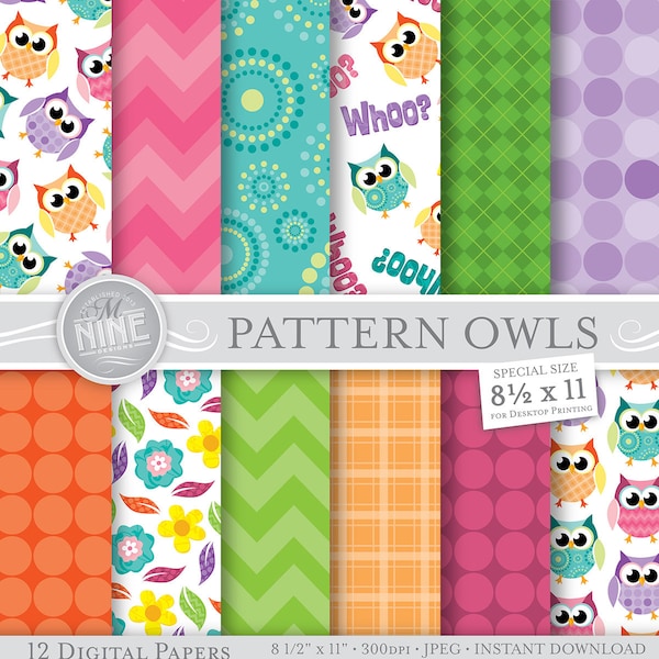 Owl Theme Digital Paper: PATTERN OWLS Printable Pattern Print, Owl Theme Download, 8 1/2 x 11 Owls Scrapbook Owls Background