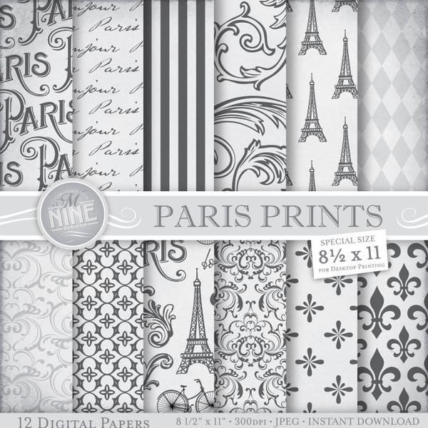 Paris Digital Paper / SHABBY PARIS Patterns / Printable Paris Theme, Paris Downloads, 8 1/2 x 11 Pattern Prints, Shabby Paris, Eiffel Tower