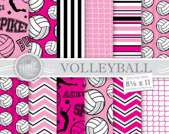 VOLLEYBALL Digital Paper / Volleyball Party Printables / 8 1/2 x 11 Pink Volleyball Patterns, Sports Theme Party, Volleyball Downloads