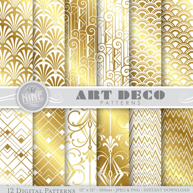 ART DECO Digital Paper Jpg Svg White Gold Art Deco Printable - Etsy