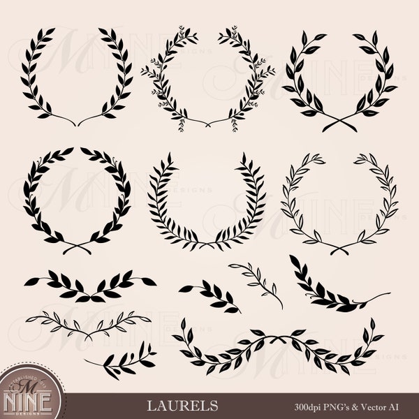 LAURELS Clipart | Vector Laurels Clip Art | Laurel Filigree Clipart Downloads | Floral Design Elements Borders | Laurel Accents Png Svg