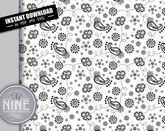 Black and White Bandana Pattern | Seamless Bandana Svg Pdf Jpg Vector AI Download | Black and White Bandana Digital Paper Downloads MP125