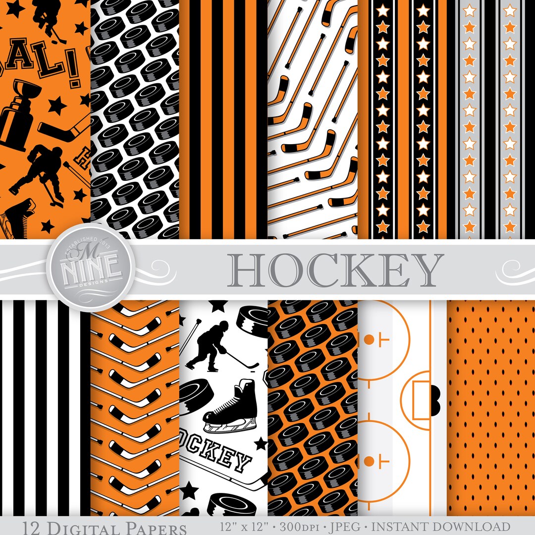HOCKEY Digital Paper / Hockey Party Printables / Orange Hockey Patterns ...