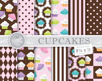 CUPCAKES Digital Paper / Cupcake Printables / 8 1/2 x 11 Pink and Brown Cupcake Patterns, Cupcake Theme Party, Cupcake Downloads