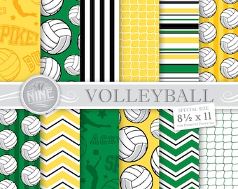 VOLLEYBALL Digital Paper / Volleyball Party Printables / 8 1/2 x 11 Green Yellow Volleyball Patterns, Sports Party, Volleyball Downloads