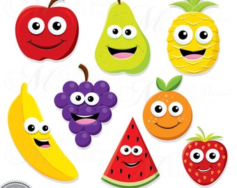 HAPPY FRUIT Clip Art / Fruit Clipart Downloads / Cute Fruit Clipart, Healthy Fruit Theme, Scrapbook Clipart, Vector Fruit Vegan Clip Art