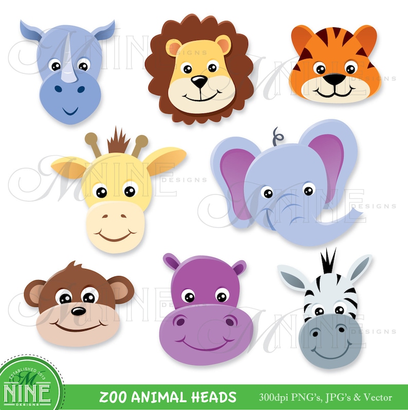 Animal Clip Art / ZOO ANIMAL HEADS Clipart / Digital Clip Art, Instant Download, Zoo Animal Clipart, Vector Clipart, Lion Elephant Clipart image 1