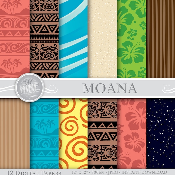 Moana Digital Paper / MOANA Pattern Prints / Instant Download, Hawaiian Tribal Paper Pack Patterns Moana Party Scrapbook Print