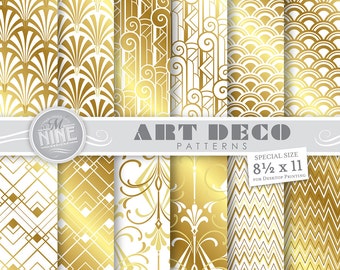 Gold & White ART DECO Digital Paper Pack 8 1/2" x 11" Pattern Prints, Instant Download, Retro Patterns Backgrounds Print