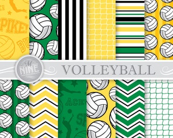 VOLLEYBALL Digital Paper / Volleyball Party Printables / 12 x 12 Green Yellow Volleyball Patterns, Sports Party, Volleyball Downloads