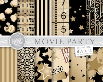 VINTAGE MOVIE PARTY Prints 8 1/2" x 11" Digital Paper Pattern Print, Instant Download, Cinema Theme Paper Pack Patterns Scrapbook Palette