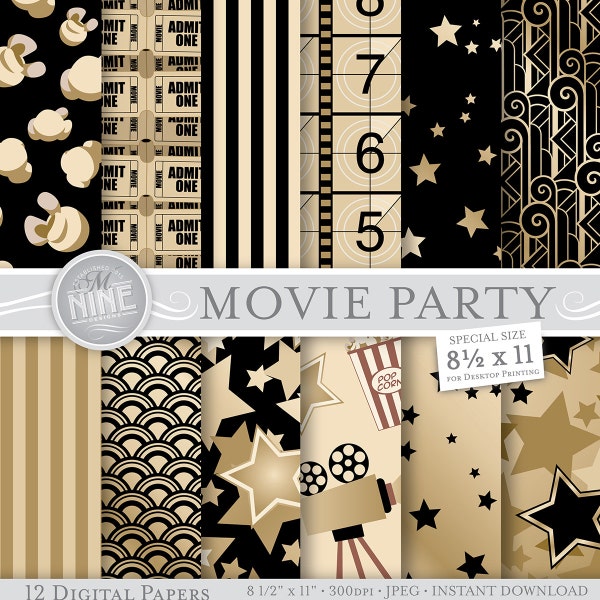 VINTAGE MOVIE PARTY Prints 8 1/2" x 11" Digital Paper Pattern Print, Instant Download, Cinema Theme Paper Pack Patterns Scrapbook Palette