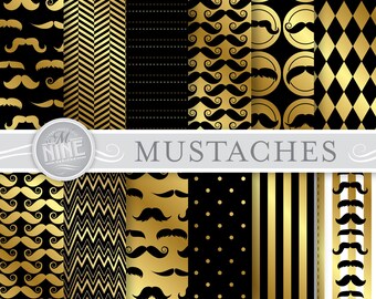 MUSTACHES Digital Paper: GOLD Mustache Pattern Printable Print, Mustaches Download, 12 x 12 Mustache Scrapbook Patterns