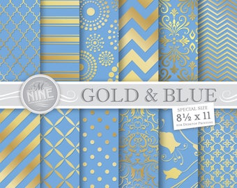 GOLD & BLUE Patterns 8 1/2" x 11" Digital Paper Metallic Style Pattern Prints, Instant Download, Patterns Backgrounds Scrapbook Paper Pack