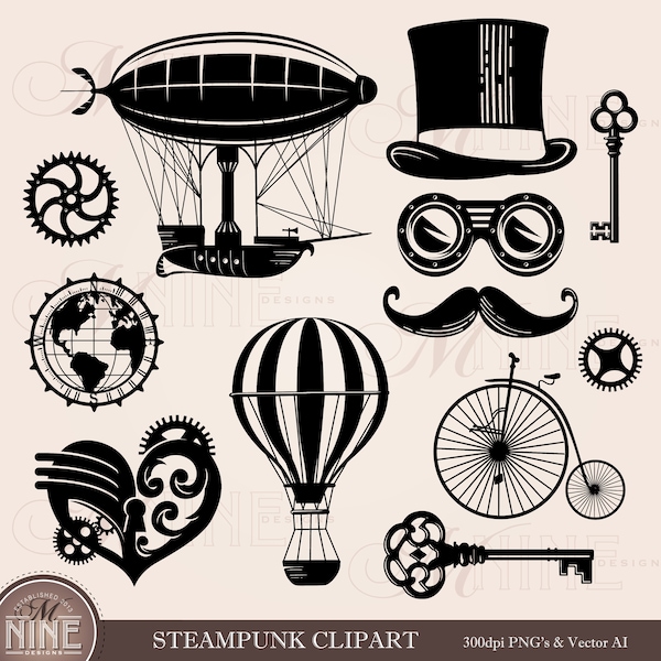 STEAMPUNK Clipart | Steampunk Style Clip Art Downloads | Vector Steampunk Clipart Images | Vintage Steampunk Balloon Bicycle Blimp Png Svg