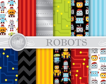 ROBOTS Digital Paper / Robot Party Printables / Robot Theme Art, Cute Robot Downloads, Robots Scrapbook Paper