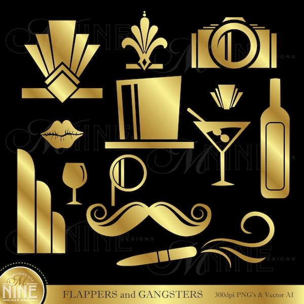 Gold Gatsby Clip Art | Gold FLAPPERS and GANGSTERS Clipart Downloads | Gold Vector Art Deco Clipart | Gatsby Vector AI Png Svg Clipart