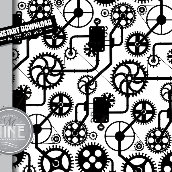 Steam Punk Engine Pattern Digital Paper | Steam Punk Engine Svg Cut File Pdf Jpg Vector AI Download | Steampunk Party Downloads MP86